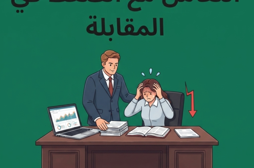 وظف محترف يعاني من التوتر أثناء إجراء مقابلة عمل وتظهر عليه علامات الضغط النفسي.